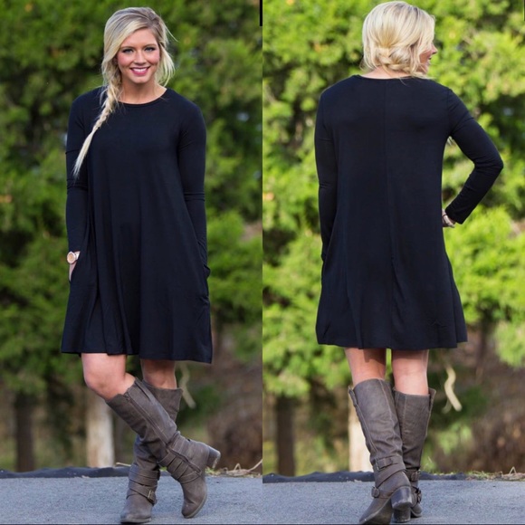 BECKY SWING DRESS BLACK TUNIC POCKETS LONG SLEEVE - Picture 2 of 2